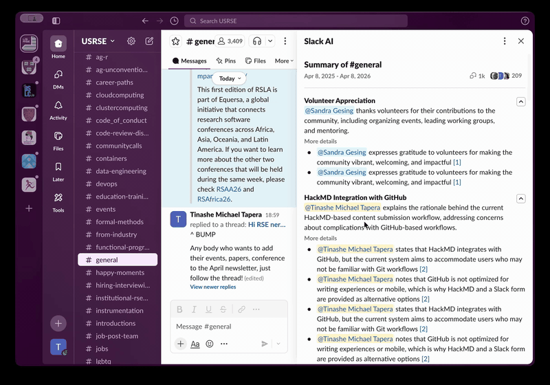 Screen capture of Slack's AI summarization tool