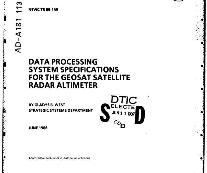 Cover of report from June 1986, Data Processing System Specifications for the
Geosat Satellite Radar Altimeter